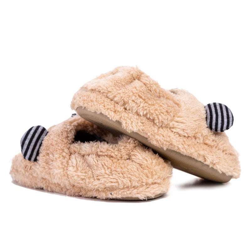 Csfry نعال أطفال أولاد كارتون حيوانات لطيفة دافئة من الفرو باللون البيج مقاس 11-12 أمريكي - Image 5